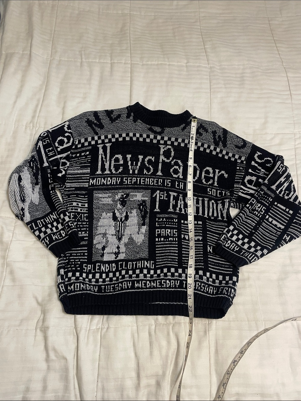 Women's Black & White Graphic 'Newspaper' Crewneck Sweater - Picture 3 of 7